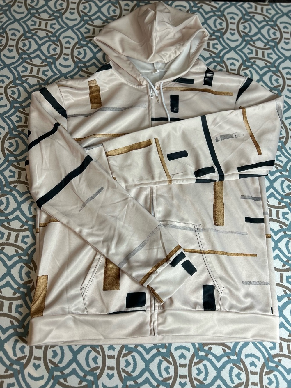 Men's Cream Hoodie with Gold & Black Geometric Accents